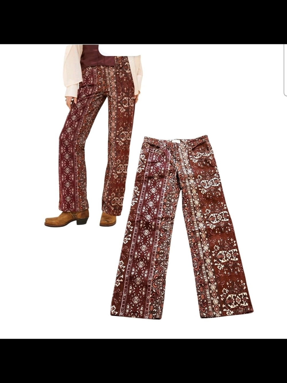 Free People Tennessee Low-Rise Printed  Corduroy Boyfriend Wide-Leg Boho Jean 27